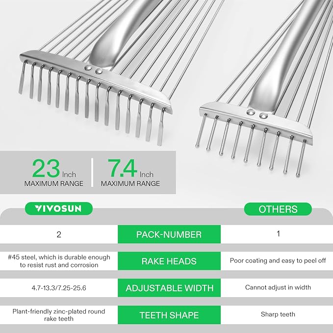 VIVOSUN 2-Piece Leaf Rake Set - Adjustable Garden/Camping Rake with 15/9 Tines, Collapsing Tines & Telescopic Handle (64'' & 30'')