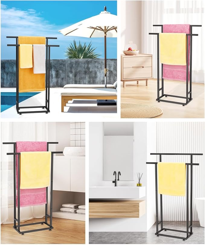 Standing Towel Racks for Bathroom, 2 Tier Bathroom Floor Free Standing Towel Rack, Tall Enough Pool Bath Drying and Dispaly Outdoor Stand for Storage, Black Freestanding Blanket Holder, ALHAKIN