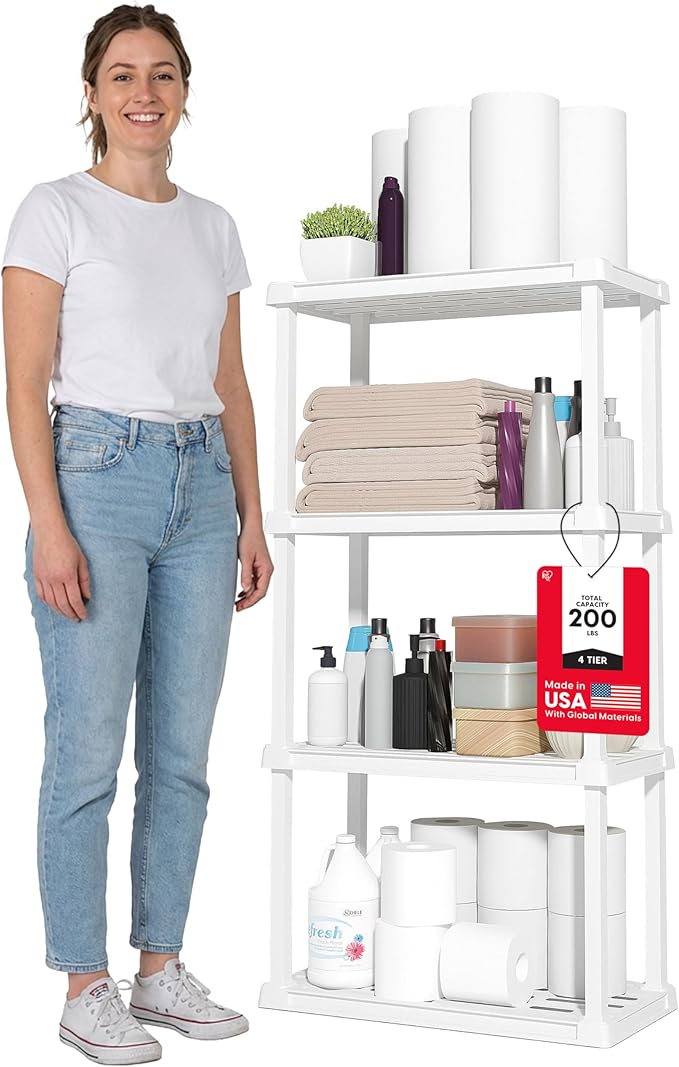 IRIS USA 4-Shelf Light Duty Plastic Storage Shelves, 200lb Capacity, 48" H x 24" W x 12" D, Medium Modular Shelving Unit Storage Organizer for Bathroom, Laundry, Garage & Home, Storage Rack - White