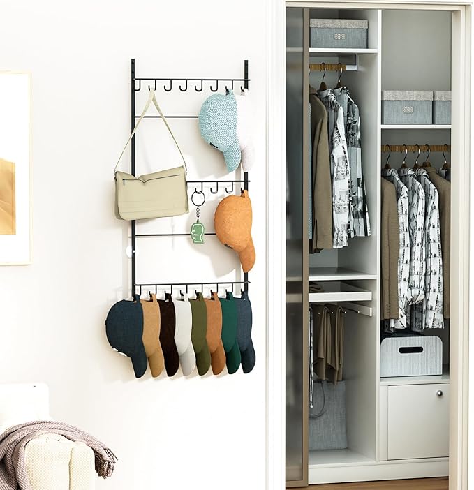 HapiRm Over Door Hat Rack - 3 Tier Wall Mounted Hat Organizer with 24 Hooks, Baseball Cap Organizer Storage Holds up to 24 Caps for Door, Bedroom, Closet