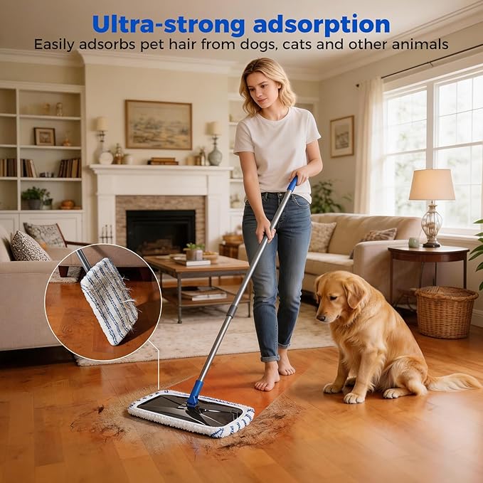 Masthome Extra Large Microfiber Mop for Floor Cleaning, 16“ Flat Mop with 5 Pad for Wet & Dry Use, Dust Mop for Hardwood Laminate Tile Ceramic, 1 Cleaning Scraper Included-Blue