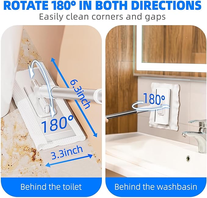 Snap Grip Mini Mop, Zero-Touch Gap Dust Cleaner with 39in Lazy Mop Stick & Locking Head, Disposable Dust Mop for House Wall Bathroom Toilet Corners Multi Surface Cleaning with 5 Cloths