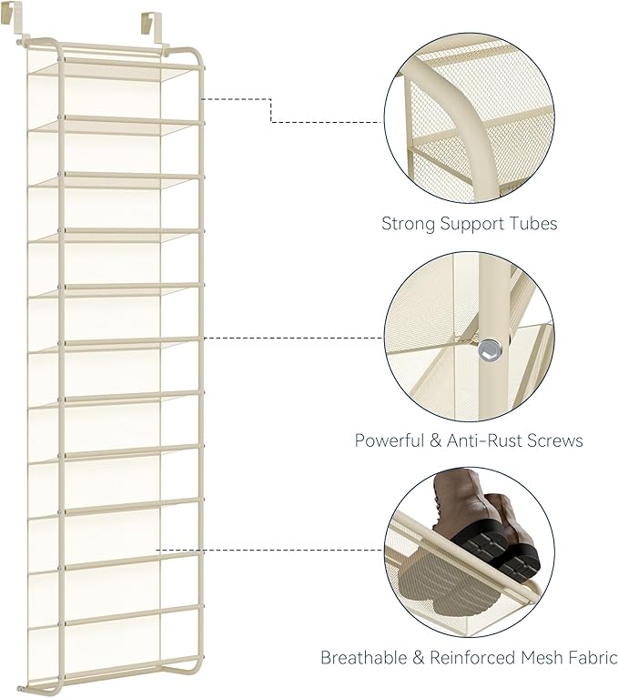 Whitmor 36 Pair Over The Door Shoe Organizer, 12 Tier Hanging Shoe Organizer, Heavy Duty Metal & Mesh Shoe Holder, Hanging Shoe Rack for Closet Organizer & Storage, 69"L x 21.7"W x 7.5"H, Beige