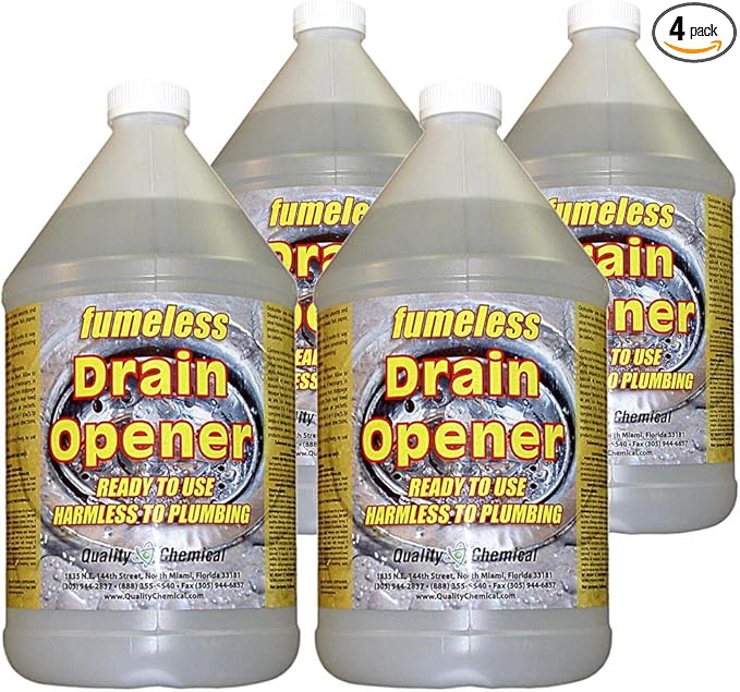 Quality Chemical Fumeless Drain Opener - Fast Acting Clog Remover and Declogger - Professional Strength - for Bathtub, Kitchen Sink, Drano, Hair Clog Remover - Drain Cleaner 128 oz (Pack of 4)