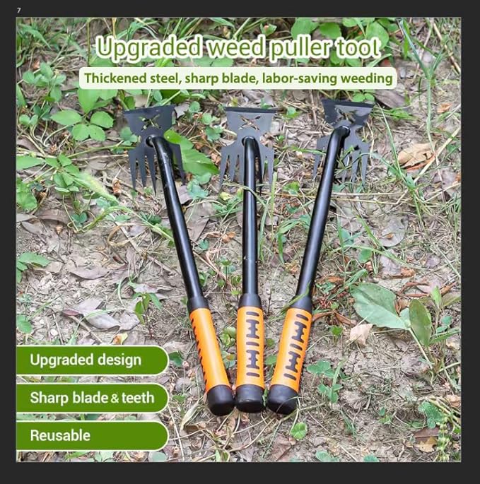 Weed Puller Tool-3-Piece Weed Pulling Tools, Manganese Steel 6-Teeth Multi-Purpose Gardening Manual Weeding Tools for Yard and Garden（HT3077G）