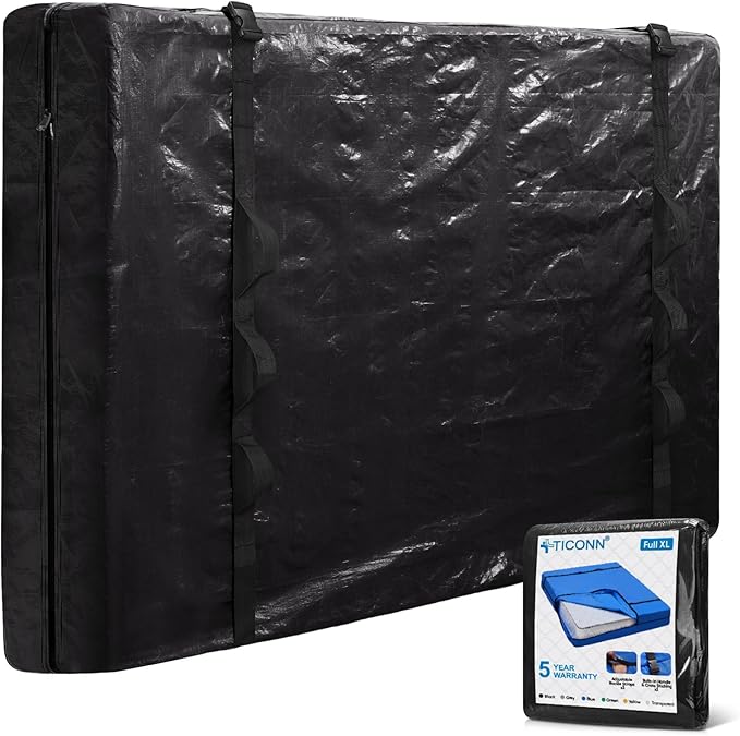 TICONN Mattress Bags for Moving, Heavy Duty Full XL Mattress Cover Storage Bag with Full-Around Handle and Adjustable Buckles (Black, Full XL)