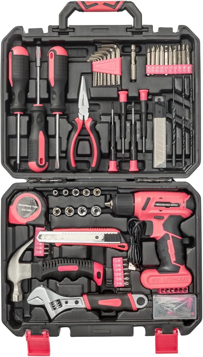 Drill Tool Kit Set,146 Piece Tool Set with 8V Cordless Drill,Drill Tool Box,Home Tool Kit with Drill,House Repairing Hand Tool Kits with Storage Case for Men Women (Pink)