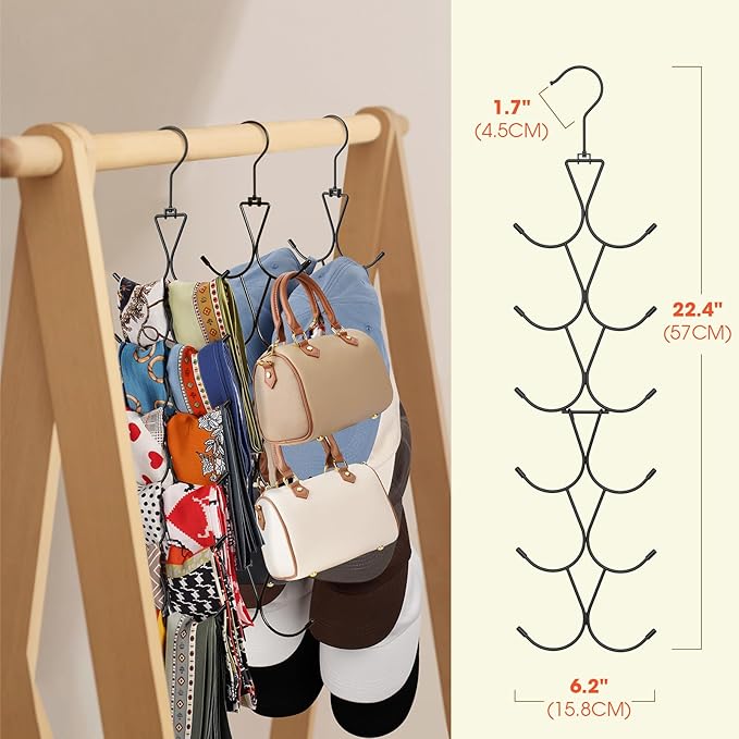 Scarf Hanger 12 Storages,Purse Hanger with 360 Swivel Hook,Scarf Organizer Scarf Hangers for Closet,for Scarves, Shawl,Belt,Purse & Baseball Cap