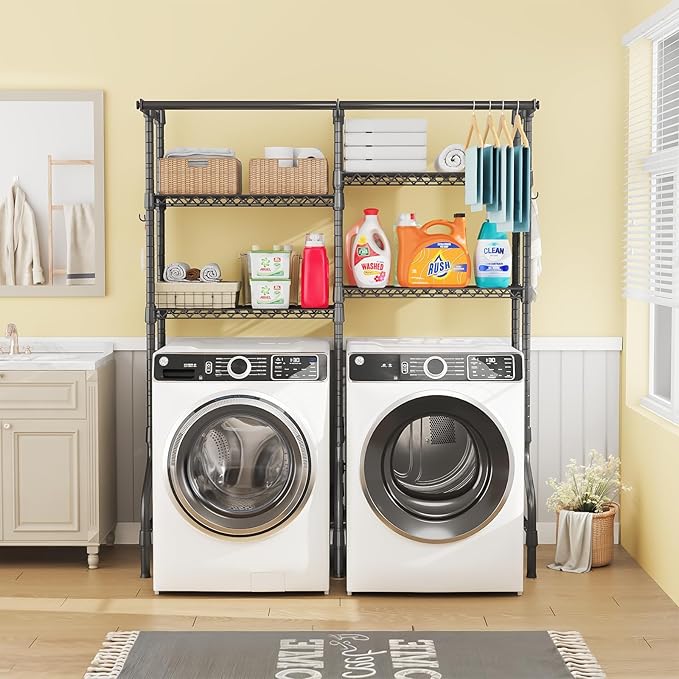 ULIFHOME U14 Over Washer and Dryer Storage Shelves, 4 Tiers Laundry Room Storage and Organizer System, Space Saving Clothes Drying Rack with 2 Clothes Hanger Rods, 66.5" W x 20.5" D x 77.4" H, Black