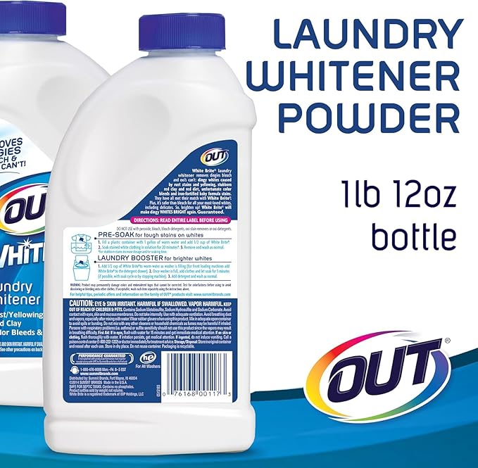 OUT White Brite Laundry Whitener Powder, Stain Remover Detergent Booster for Clothes, Removes Red Clay and Rust Stains on White Clothing and Uniforms