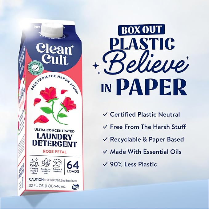 Cleancult Ultra Concentrated Liquid Laundry Detergent, 192 loads (96 oz), Long Lasting Scent, 90% Less Plastic, No Harsh Chemicals, Rose Petal, Defeats Stains & Odors, HE/Standard Compatible