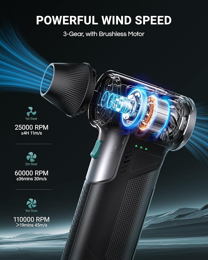 T150 Compressed Air Duster, 110000RPM Cordless Electric Air Duster, 3-Gear Mini Handheld Cordless Blower with Fast Charging, Portable Air Blower for PC, Car, Outdoor, Keyboard