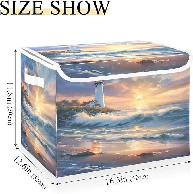 senya Large Storage Bins with Linen Collapsible Foldable Storage Cubes Fabric Closet Organizer Containers box with Flip-Top Lid for Home Bedroom Office 16.7 x 12.6 x 11.8in (Seaside Scenery)