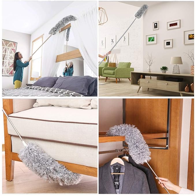 Webster Cobweb Duster, Feather Duster for Home, Extendable Dusters for Cleaning High Ceiling Fans, Hand Wall Duster, Long and Washable Dust Brush Gray