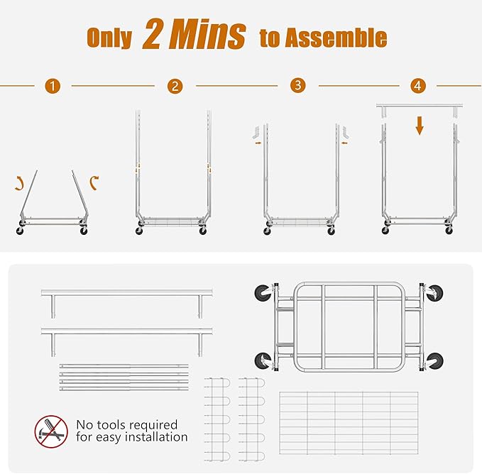 Gewudraw Heavy Duty Clothes Rack Load 900 Lbs, Double Rod Rolling Clothing Rack With Sturdy Wheel And Shelves，Adjustable Portable Hanging Rack For Clothes,Silver Stainless Steel