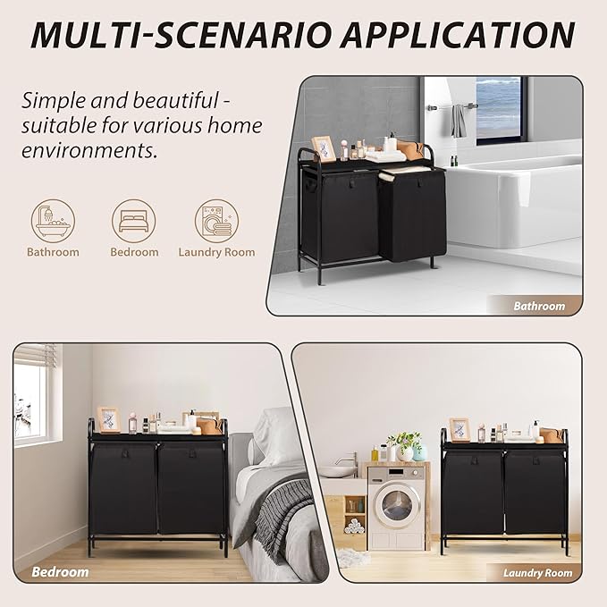 2 Section Laundry Hamper with Shelf, Laundry Basket Organizer with 2 Pull-Out Removable Bags 2×13.2Gal(49.9L), Laundry Sorter for Clothes Organization in Bedroom, Laundry Room, Black