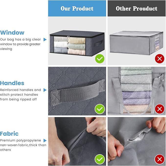 HomeHacks Storage 4-Pack Clothes Organizer Storage Bags Foldable Storage Box with Large Clear Window Sturdy Handles for Closet, Dorm, Pillows, Bedding, Clothes, Stuffed Toys, Blankets, Grey