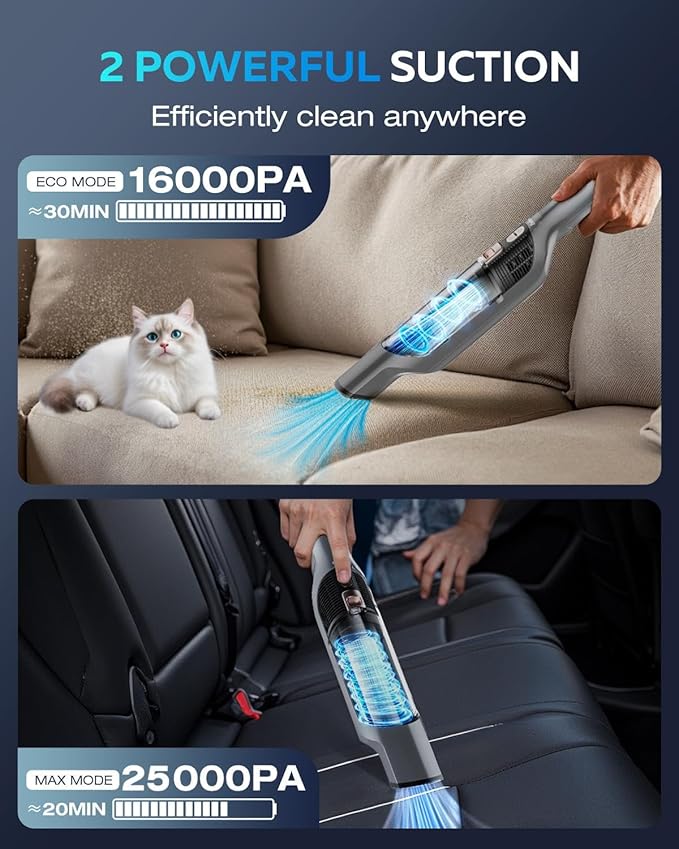 Zefiro Compact Powerful Cordless Handheld Vacuum, Rechargeable Portable Car Vacuum for Car & Pet Hair, 25000PA High Power Suction, XL Dust Cup, 2 Brushes & Filters, Long Runtime with Charger