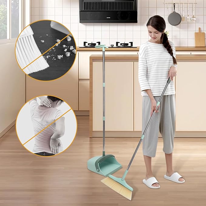Broom and Dustpan Set,Squeegee Broom,Long Handle Broom and Dustpan Set,Broom with Stand Up Dustpan Combo Set,Squeegee - Kit for Indoor Cleaning 2+1 for Home, Office, Lobby(Green)
