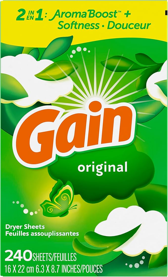 Gain Dryer Sheets Plus Wrinkle Release, Original Scent, Fights Static With a Touch of Scent, Laundry Sheets, 240 Count (Pack of 4)