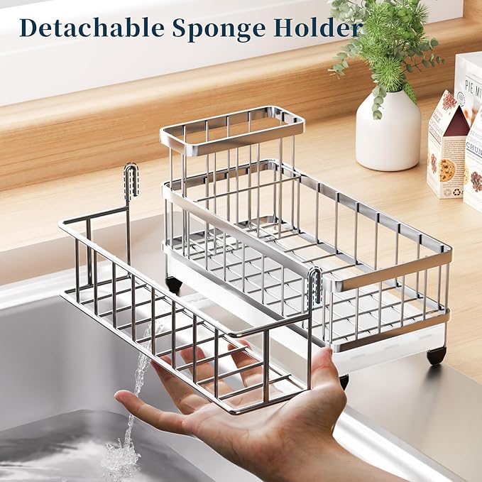 Consuemst Sponge Holder for Kitchen Sink - Auto Draining Sink Caddy Organizer with Detachable Rack, High Brush Holder, Kitchen Countertop Storage Accessories, Silver