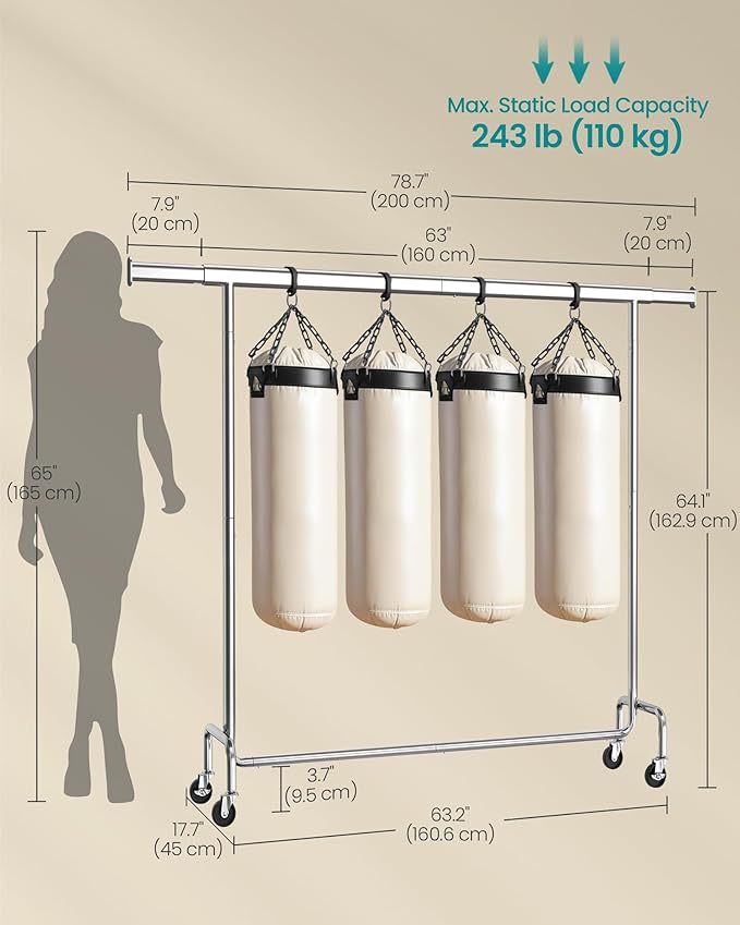 SONGMICS Clothes Rack with Wheels, Heavy-Duty Garment Rack with Extendable Hanging Rod, 243 lb Load Capacity, 17.7 x (63-78.7) x 64.1 Inches, Chrome-Plated, Silver UHSR176E01