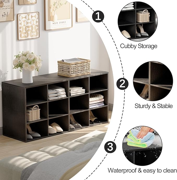 Garden 4 you Shoe Storage Bench, Cubby Shoe Rack with 12 Cubbies, 3-Tier Wood Shoe Rack Organizer, Shoe Organizer Cabinet for Entryway, Hallway, Closet and Garage, Black