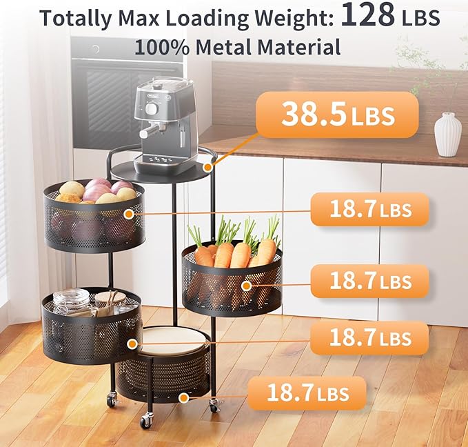 JAQ No Assembly Integrated Vegetable Storage Rack, 4-Tier Rotating Fruit Basket with Wheels, Solid Carbon Steel Kitchen Storage Cart for Potato Onion Produce, Fruteros para Cocina, Black