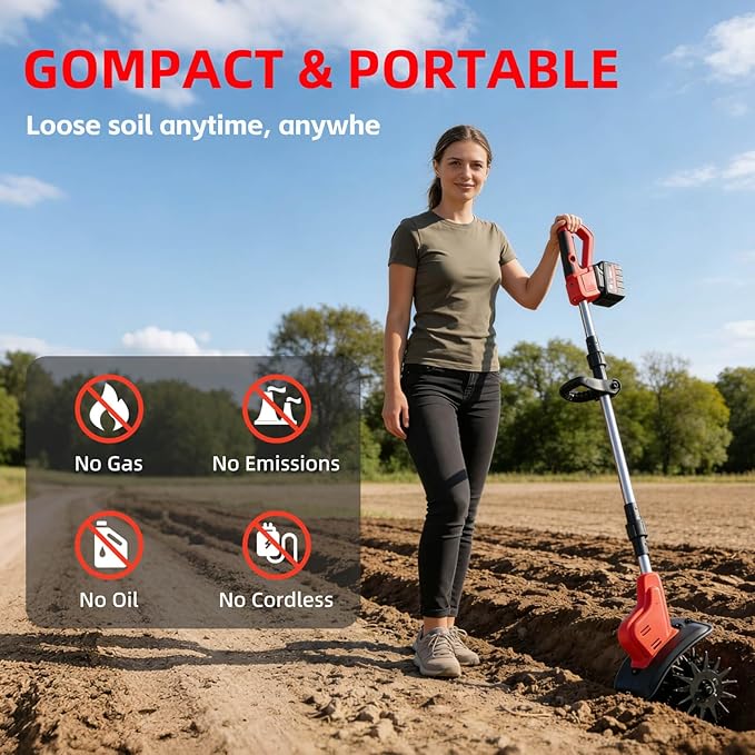Cordless Tiller Cultivator, 360PRM Electric Garden Tiller, with 2X4.0Ah Batteries & LCD Display, 48 Steel Tines, 9" Tilling Width, 6.6" Depth, Battery Powered Rotary Tiller Lawn/Soil Cultivation