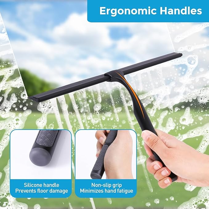 Quntis 12 Inch Squeegee for Shower Glass, Black Shower Squeegee with Adhesive Hooks Heavy Duty, Non-Slip Long Handle, Spare Blade, All-Purpose Squeegee Cleaning for Bathroom Doors Car Window