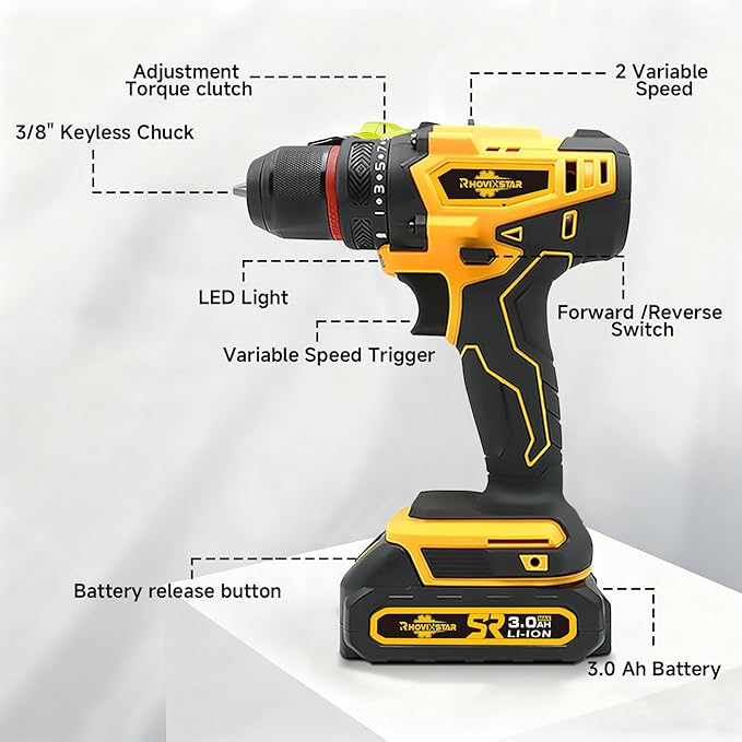 Cordless Drill Set with Battery and Charger,Power Drill Tool Set 20v,3/8-Inch Keyless Chuck,Variable Speed (Equipped with 2x 3Ah Batteries)