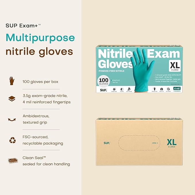 SUP Powder-Free Nitrile Gloves, 100 Count Food Safe Latex-Free Disposable Gloves for Medical Cooking Cleaning Food Prep, Teal