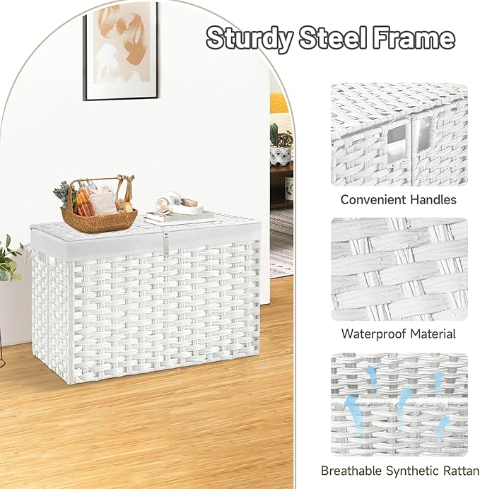 240L Wicker Storage Basket with Lid, Handwoven Rattan Large Shelf Basket with Removable Liner, 63.5 Gallon Wicker Basket for Blanket, Storage Trunk with Handle for Closet, Bedroom, Livingroom, White