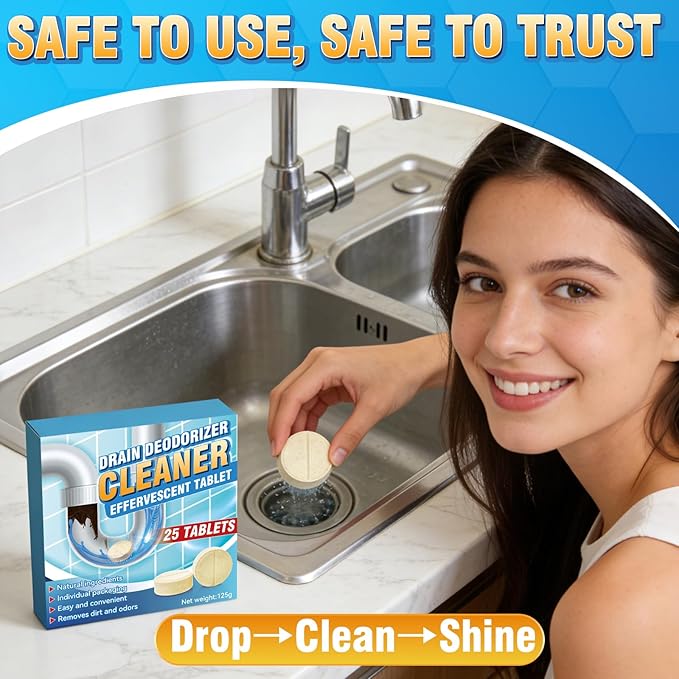 Garbage Disposal Cleaner and Deodorizer Tablets, 25 Pack Sink Cleaner Tablet, Powerful Foam Drain Cleaner, Effectively Removes Residue, Grime and Odors for Kitchen, Bathroom, Toilet, 1 Year Supply