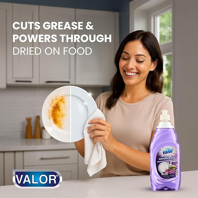 Valor Dishwashing Liquid, 25 fl oz – Dish Soap for Kitchen & Bathroom, Grease-Fighting, Gentle on Hands, Fast Rinse, Eco-Friendly Biodegradable Formula (25.5 oz (Pack of 6), Lavender)