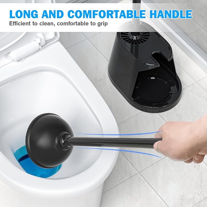 Toilet Plunger and Brush Set, Silicone Bowl Brush and Heavy Duty Toilet Plunger with Ventilated Holder, 2-in-1 Toilet Brush and Plunger Combo for 5.3-inch Toilet Drain Bathroom Deeply Cleaning (Black)