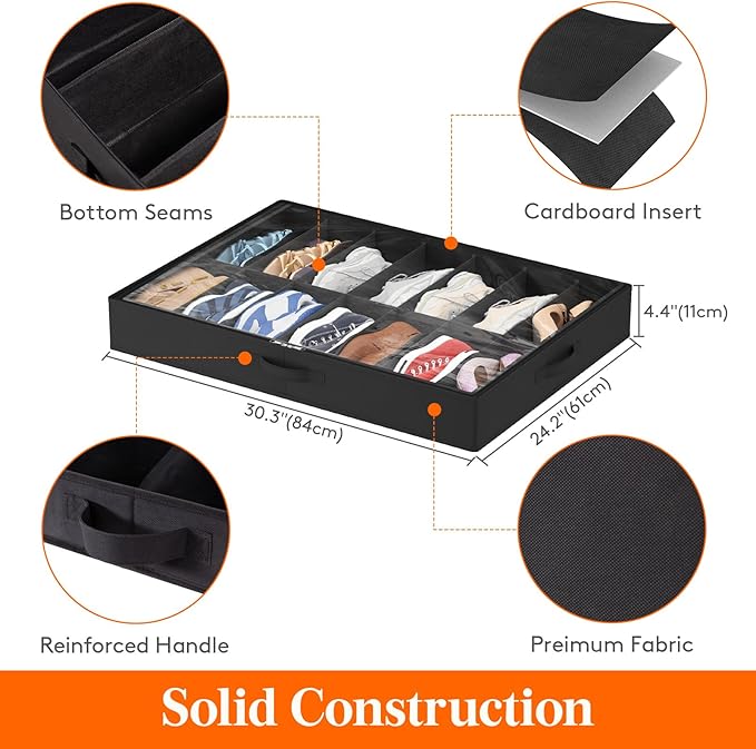 Lifewit Under Bed Shoe Storage Organizer 2 Pack(14 Pairs+4 Pairs), 4.3" Tall Fabric Shoes Container Box, Foldable Closet Shoe Bag with 2 Reinforced Handles and Clear Cover, Black