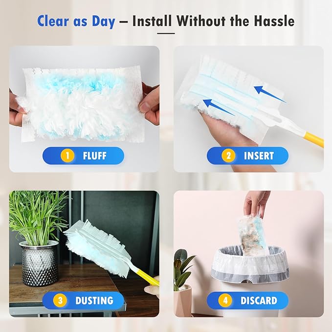 50 Count 180° Multi-Surface Feather Duster Refills Compatible with Swiffer® Handle, Heavy Duty Duster Replacement with 1 Handle