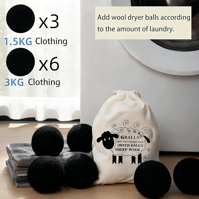 6 Pack Wool Dryer Balls Laundry Reusable Anti Static, Cotton Balls Wool Laundry Balls for Dryer Reduces Clothing Wrinkles Natural Fabric Softener Last 1000+ Loads (Black, 2.75 in/7 cm)