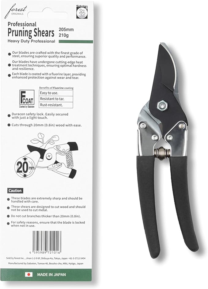 Saboten Japanese Bypass Pruning Shears 7.9 in, Fluorine-Coated Blade Wipes Clean, Rust & Sap Resistant, Ergonomic Non-Slip Grip, Duracon Safety Lock, 20mm Cut Capacity, Made in Japan Garden Clippers