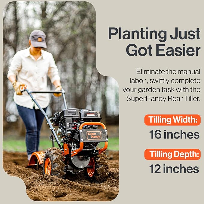 SuperHandy Tiller Cultivator – 7HP 209cc Engine, Adjustable Tilling Width & Depth, Heavy-Duty Steel Tines for Garden Soil Prep, Landscaping & Weed Removal (Rear Tine Tiller)