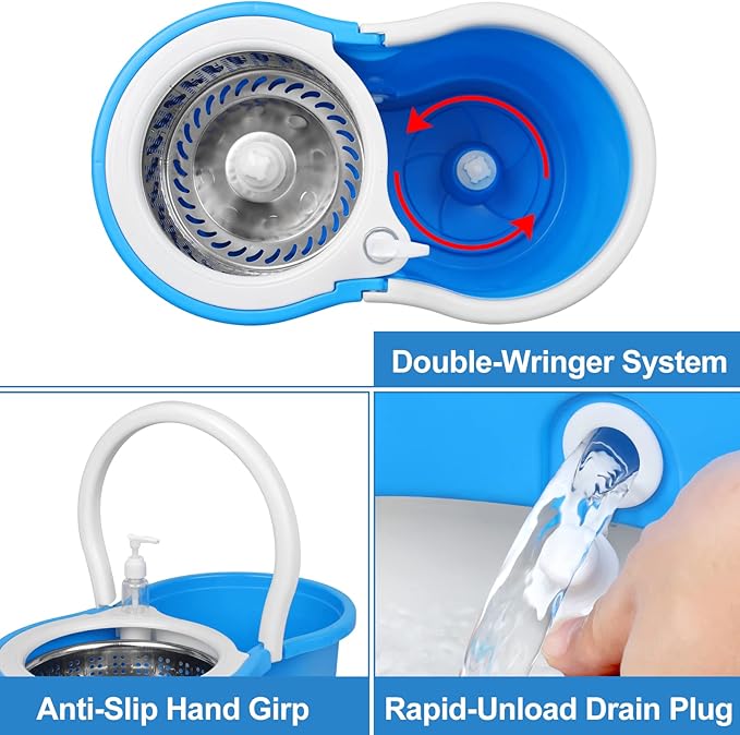 Mop and Bucket with Wringer Set, Separate Dirty Water with 3 Microfiber Replacement Mop Head Refills, 61" Stainless Steel Adjustable Handle for Floor Cleaning, (Mop Bucket 20QT)