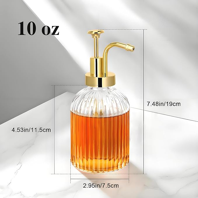 TIWPAJS Glass Coffee Syrup Dispenser 10oz, Syrup Bottles with Ribbed Design, Gold Syrup Pump, Coffee Bar Accessories, Honey Dispenser (2)