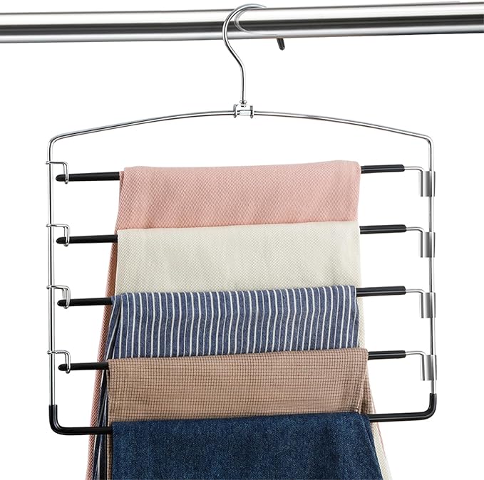 FeeraHozer Pants Hangers Non Slip 6 Pack Space Saving Hangers Multi-Layer Swing Arm Pants Hanger Stainless Steel Space Saver Hanger for Jeans Scarf Trouser Towel Clothes (Black)