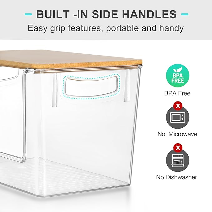 Pantry Organizers Storage, 2 Pack Large Capacity Clear Storage Bins with Bamboo Lids for Onion, Potato, Garlic, Canned Food, Under Sink Organizer Kitchen Countertop Organizer