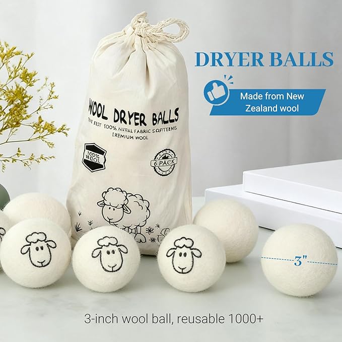 Wool Dryer Balls 6-Pack,Premium New Zealand Dryer Balls Laundry Reusable,100% Wool, Hand-Felted,Natural Fabric Softener, Reduces Clothing Wrinkles & Static Reduction,and Saves Drying Time
