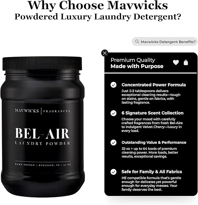 Luxury Laundry Detergent Powder (Bel-Aire) 32 Oz – Concentrated for Tough Stains and Odors, For All Washing machine types – Gentle on Fabrics