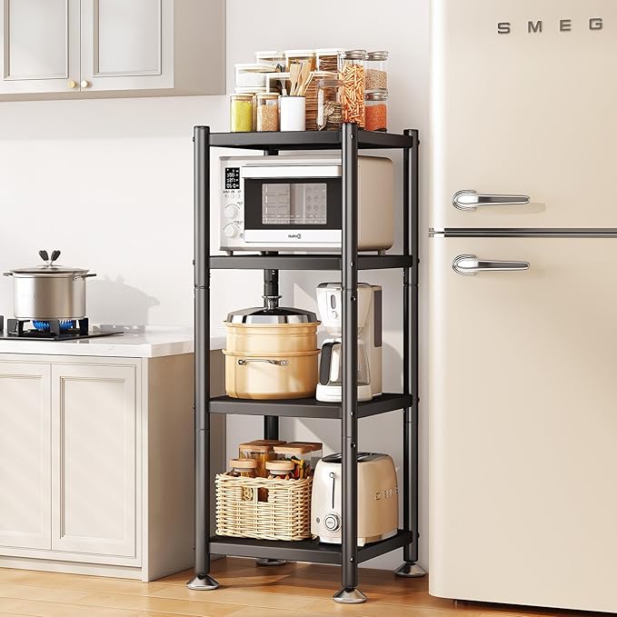 PXRACK Storage Shelves with Rolling Wheels, Adjustable 4 Tier Metal Shelving Unit for Storage Heavy Duty, Small Storage Rack Shelf for Corner of The Kitchen Bathroom Living Room Garage Office, Black