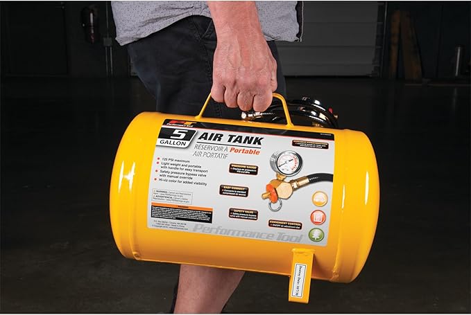 Performance Tool W10005 Hi-viz 5-Gallon Horizontal Portable Air Tank With Tire Air Chuck , Yellow