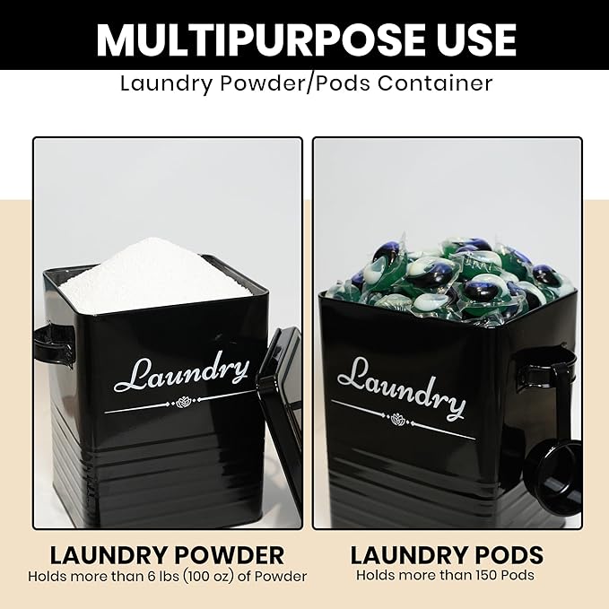 Farmhouse Metal Detergent Pod Container with Dryer Sheet Holder for Laundry Room Organization and Storage - Holds Over 200 Pods and 300 Sheets